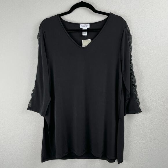 Carmen Marc Valvo Black V-Neck Sheer Mesh Sleeve Blouse NWT Large - Picture 1 of 11